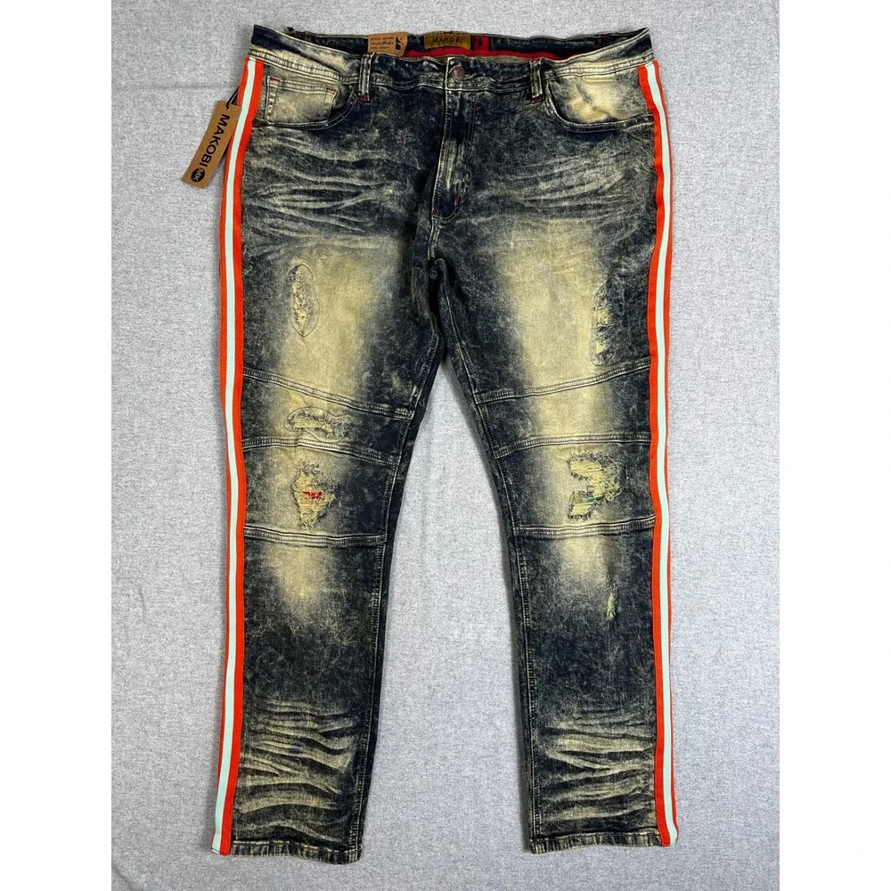 Makobi Jeans Mens 46x34 Blue Acid Wash Distressed Side Stripe Moto Streetwear